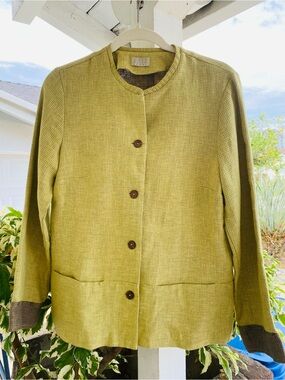 Sigrid Olsen Sport Linen Cotton Jacket Olive Green Brown Trim Button Size M Est